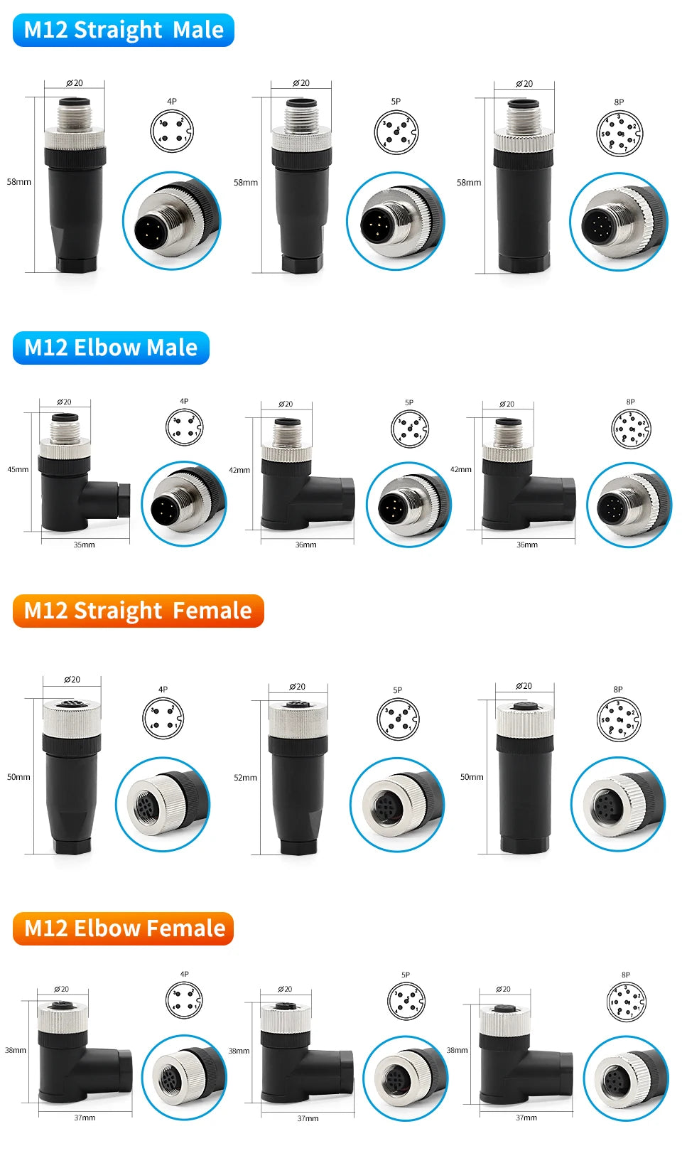 OMCH 1PCS M12 Sensor Connector Waterproof IP67 Aviation Plug Socket Male Female 4 5 8Pin Hole Straight Bend Angle Screw Threaded