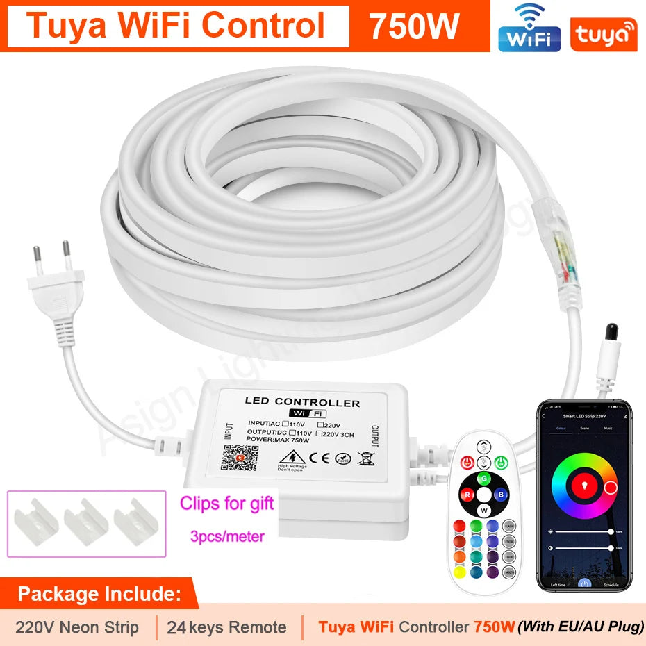 30M 20M 10M RGB LED Neon Strip Light 220V Decor Home Lighting Waterproof Flexible LED Ribbon Remote/Bluetooth/Tuya WiFi Control