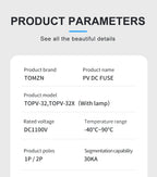 TOMZN 1P 2P DC Fuse Holder 10*38mm High Voltage Solar PV 1100V TOPV-30 Base Photovoltaic System Protection Protector GPV