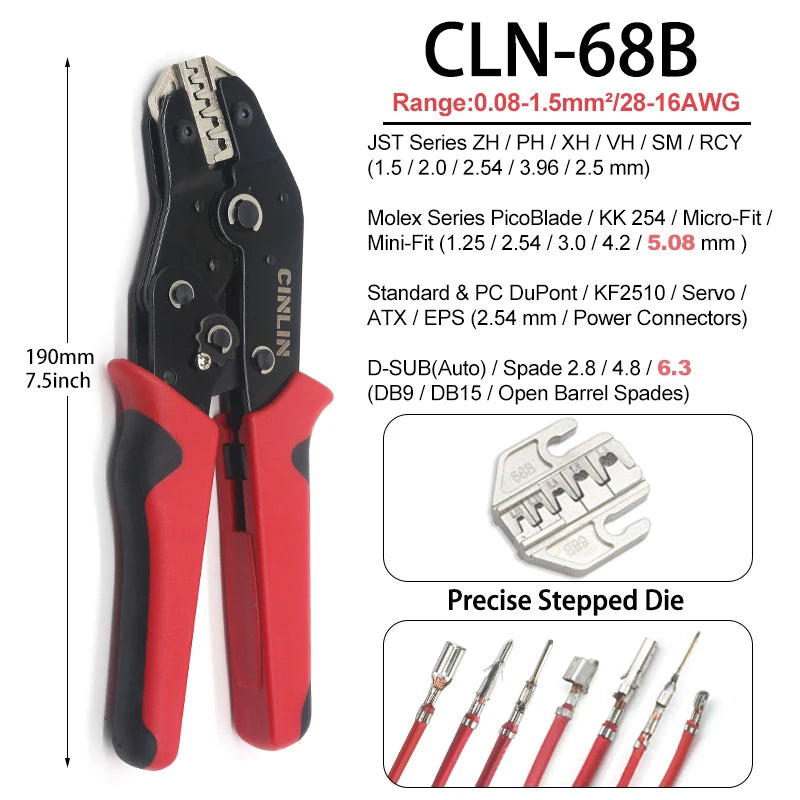 CLN-68B 0.08-1.5mm² Open Barrel Terminals Pliers Crimping Tool (28-16AWG) for JST, DuPont, Molex, PH2.0 XH2.54 3.96 4.2mm Pitch
