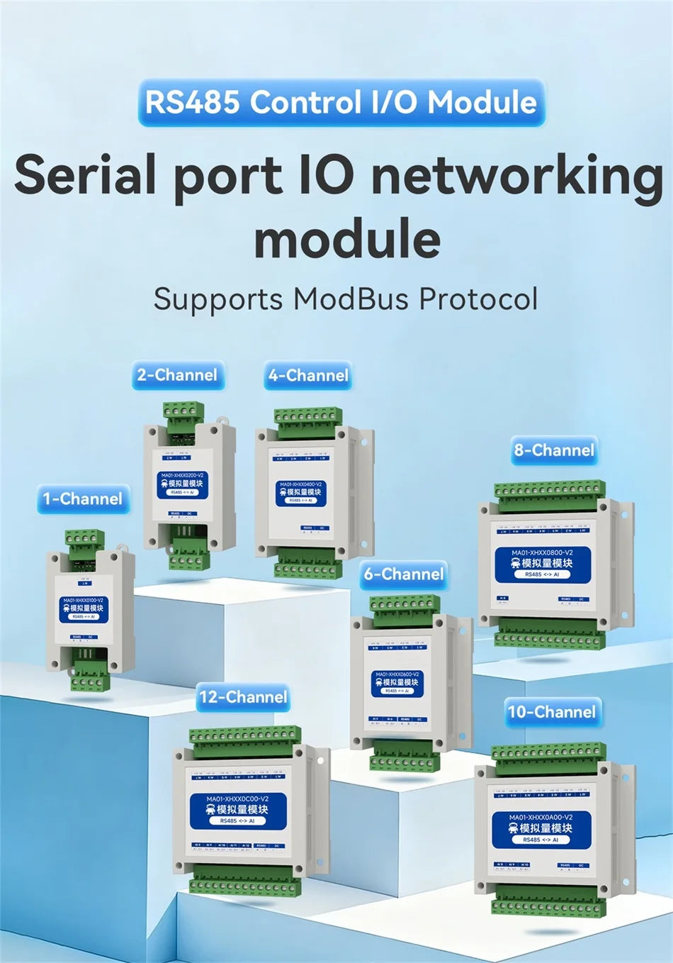ModBus RTU Serial IO 1/2/4/6/8/10/12-Channel Analog Input Module RS485 CDSENET MA01-XHXX Rail Installation 8~28VDC Watchdog