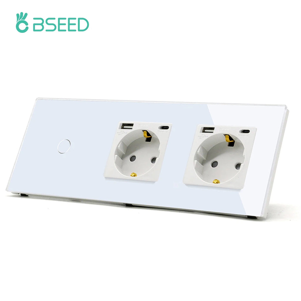 BSEED 1/2/3Gang Touch Light Switch 1Way Simple Sensor Switch Type-c USB Sockets EU Standard Glass Panel Blue Backlight 10A White