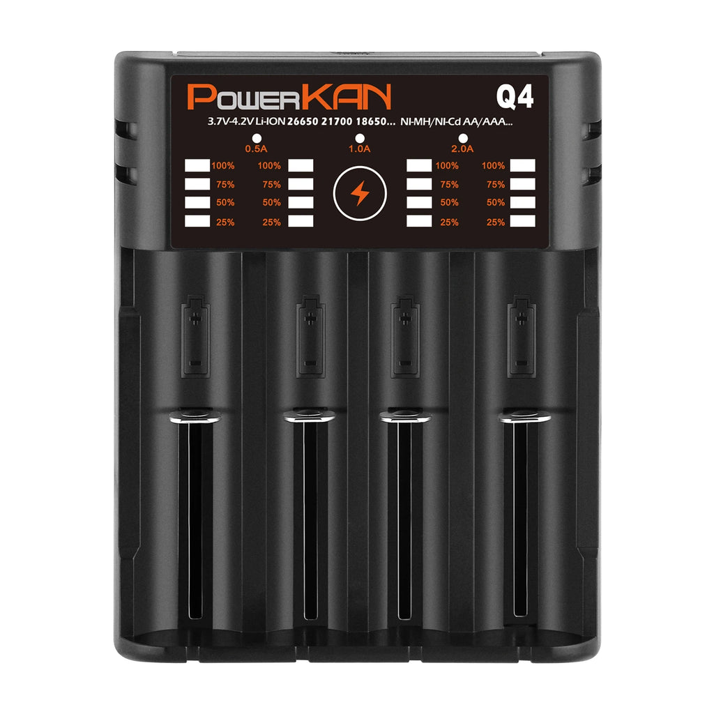 POWERKAN Q4 4-Bay Charger for 1.2V Ni-MH AA AAA & 3.7V Li-ion 18650 26650 Batteries with USB Output