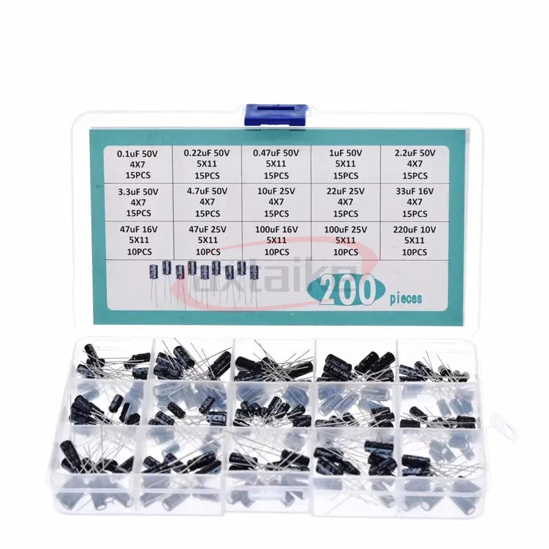 120/200/500pcs Radial Capacitors Set 12 15 24 Values 16V 25V 50V 0.1uF-1000uF Electrolytic Capacitor Assortment Kit Box