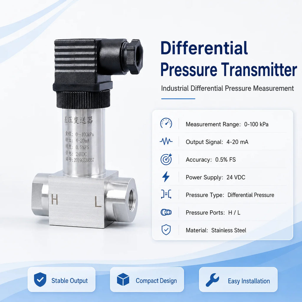 Industrial Differential Pressure Sensor 0-100kPa 4-20mA Stainless Steel Transmitter for Air Gas Water