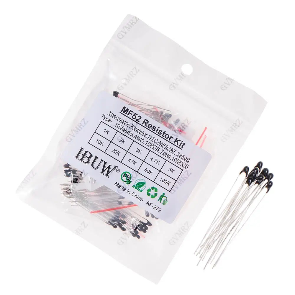 100PCS 10Values MF52 NTC Thermistor Kit 1K-100K 3950B for Temperature Sensing & Circuit Overheat Protection 1K 10K 100K