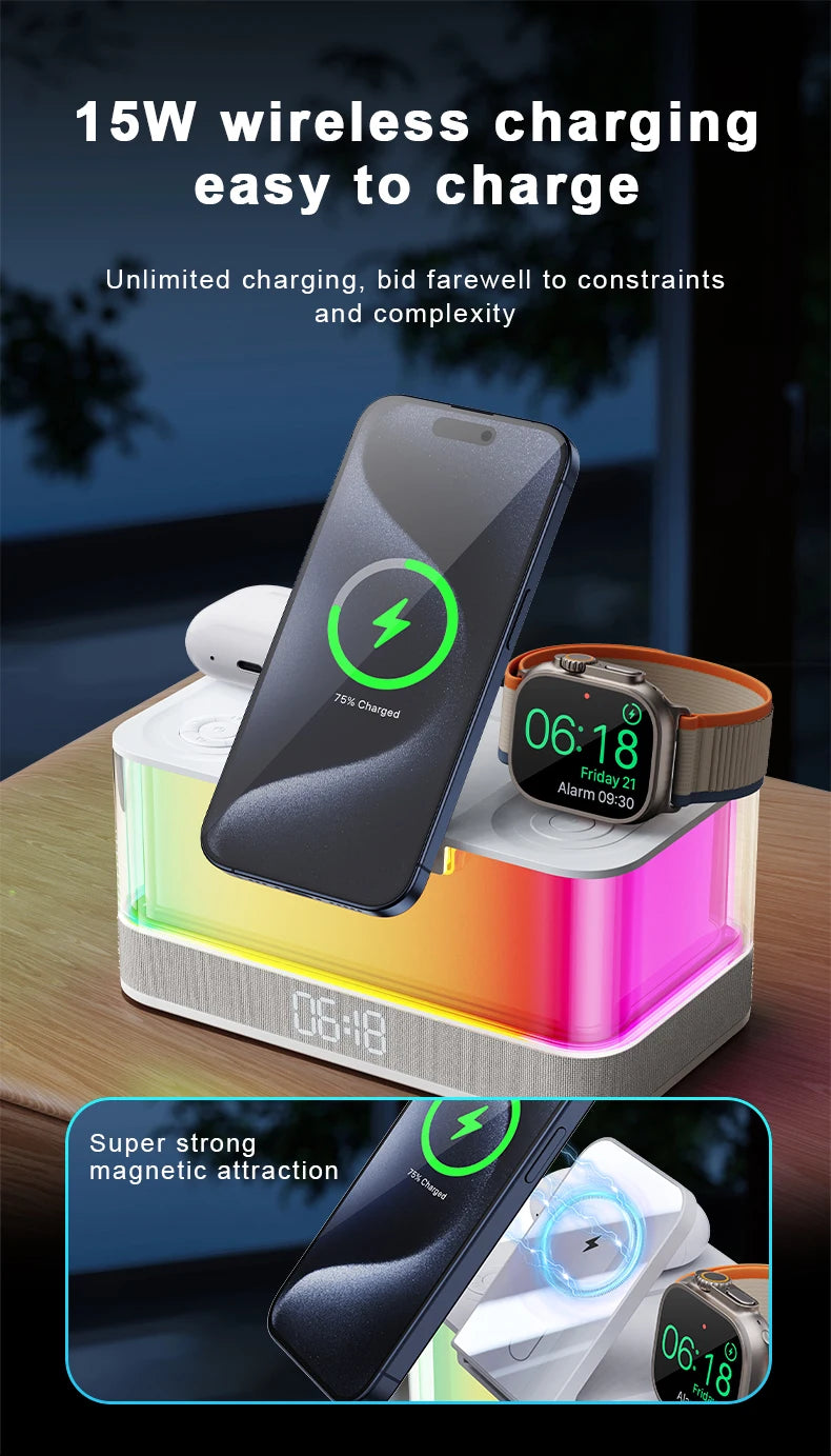 Domars Wireless Charger with Colorful Night Light and Built-In Audio Speaker Supports Fast Charging for Smartphones Earphones