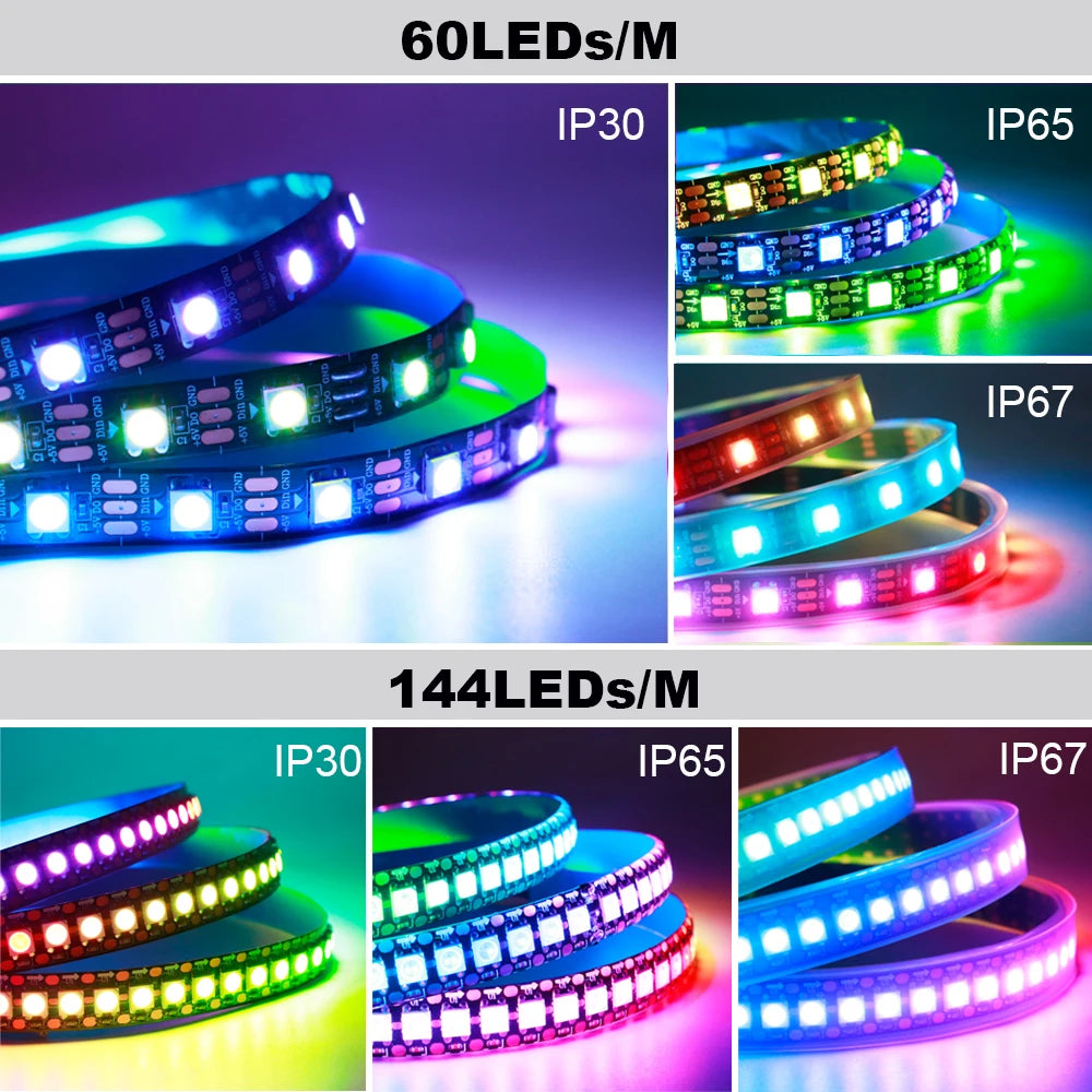 WS2812B Individually Addressable Led Strip 1-5M 30/60/74/96/144leds/m WS2812 5050 RGBIC Smart Pixels Led Light IP30/65/67 DC5V