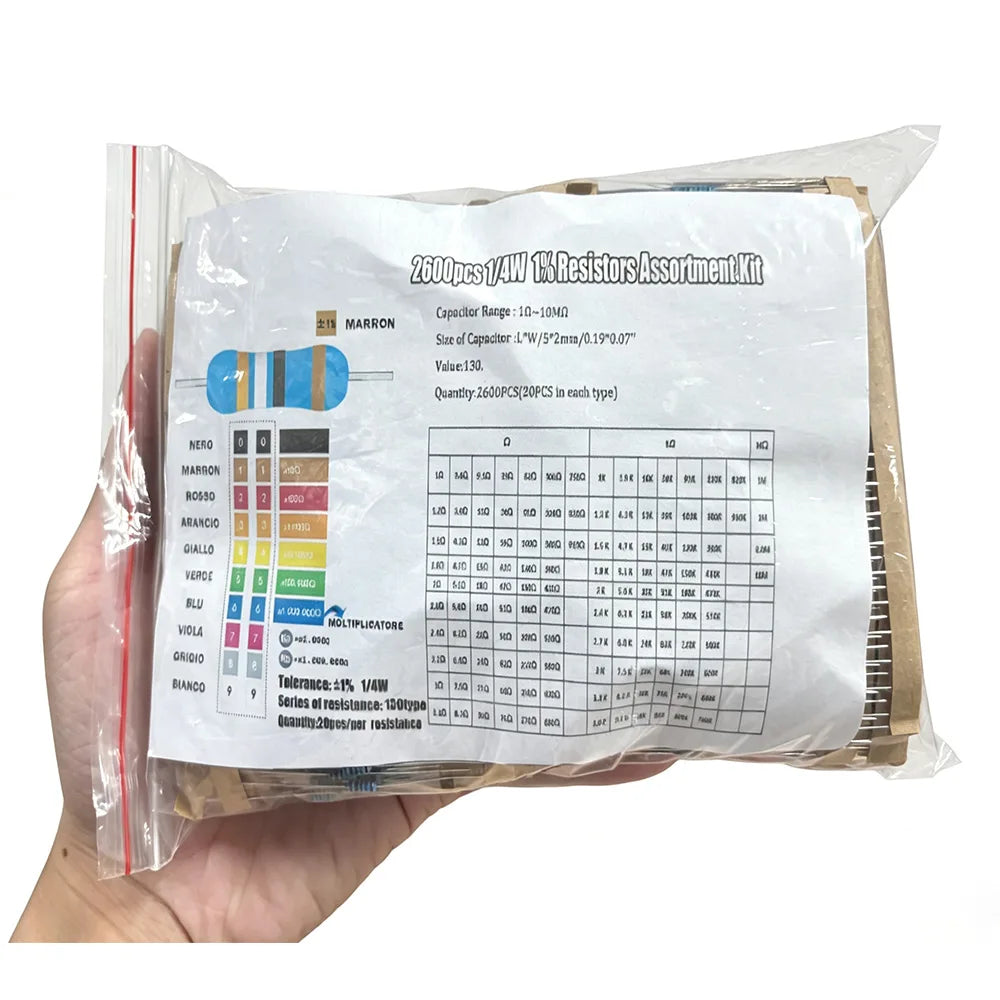 2600pcs Assorted Metal Film Resistors 130 Values 1/4W 0.25W 1% Fixed Resistor Kit for Electronics DIY Projects