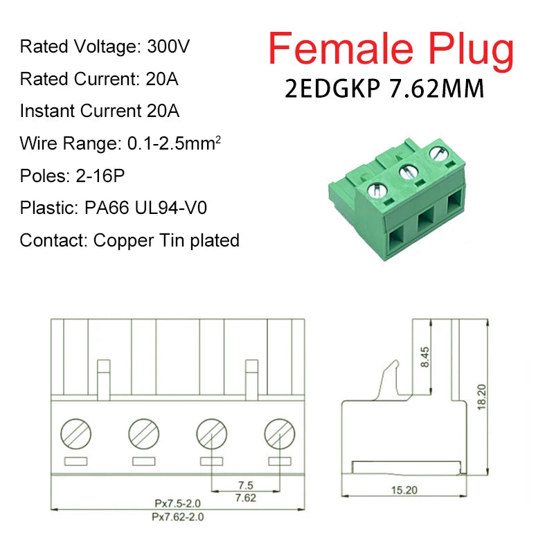 10sets Female Male Plug Aerial Butt Welding 2EDGRK-7.62mm 2EDGK7.62 0.3inch 2-16P Plug Solder-free Wire Terminal Block Connector