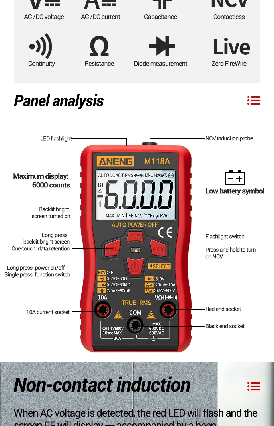 Digital Multimeter Voltage Tester Voltmeter SZ06 SZ308 TRMS 2000 Counts Auto-Ranging Ohm Volt Amp Meter Measuring AC/DC Voltage