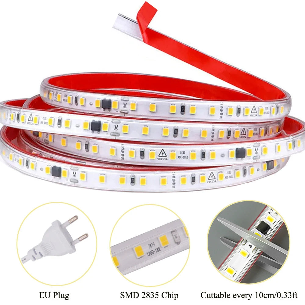 120LED/m LED Strip Light 220v Flexible&10cm Cuttable Soft Lamp Bar 2835 Tape Adhesive EU Plug Vanity Cabinet Wardrobe Home Decor