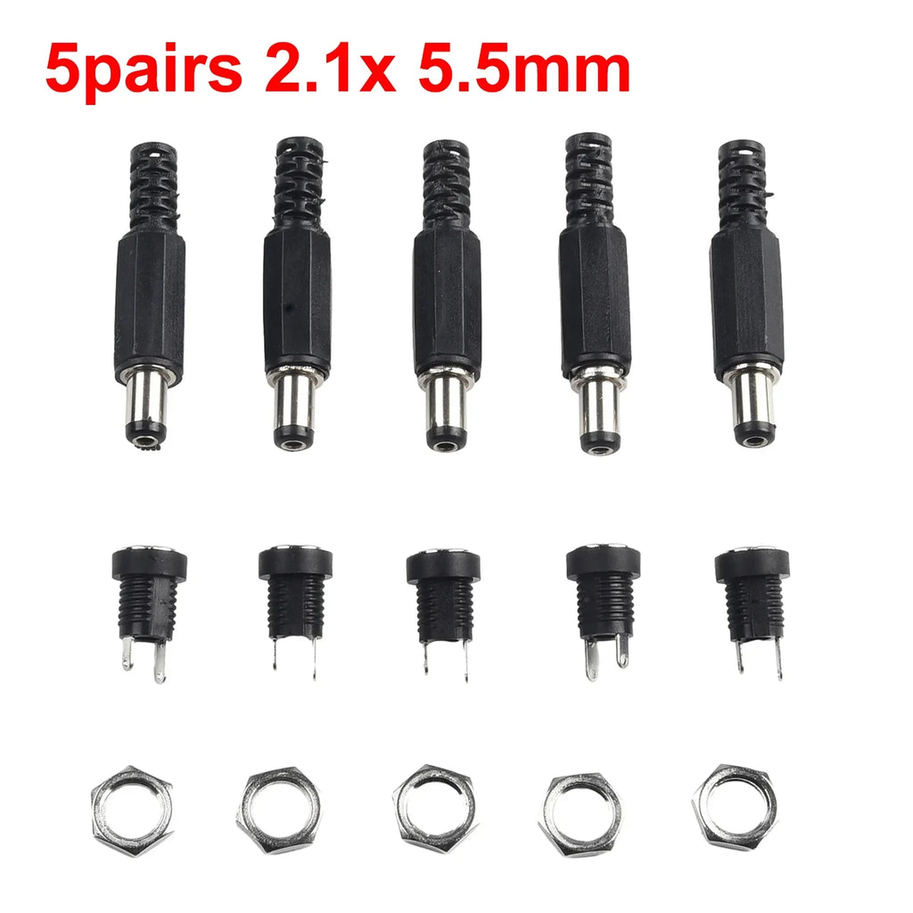 5 Pairs DC 12V Male Jack Plug Female Socket Panel Mount Power Connectors Terminals Blocks Electrical Equipment Supplies