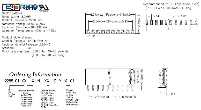 20pcs 0.1" 2.54mm 1x2/3/4/5/6/7/8/40P Single Row Right Angle SMT/SMD Surface Mount PCB PH8.5 Solder Male Female Header Connector