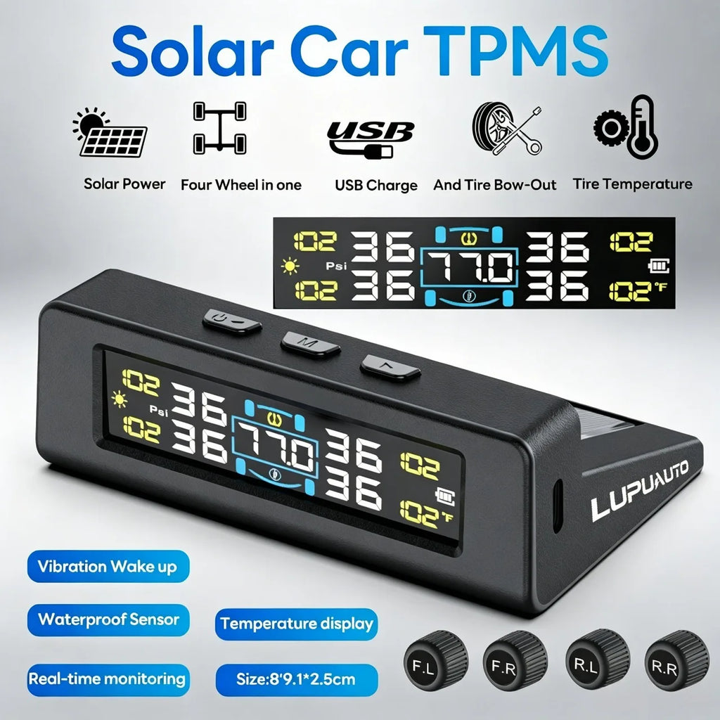 TPMS Solar/USB Charging Digital LCD Display Universal Smart Car TPMS Tyre Pressure Monitoring System 4 Or 6 Sensors Auto Security Alarm Smart Temperature Tire Air Pressure Gauge