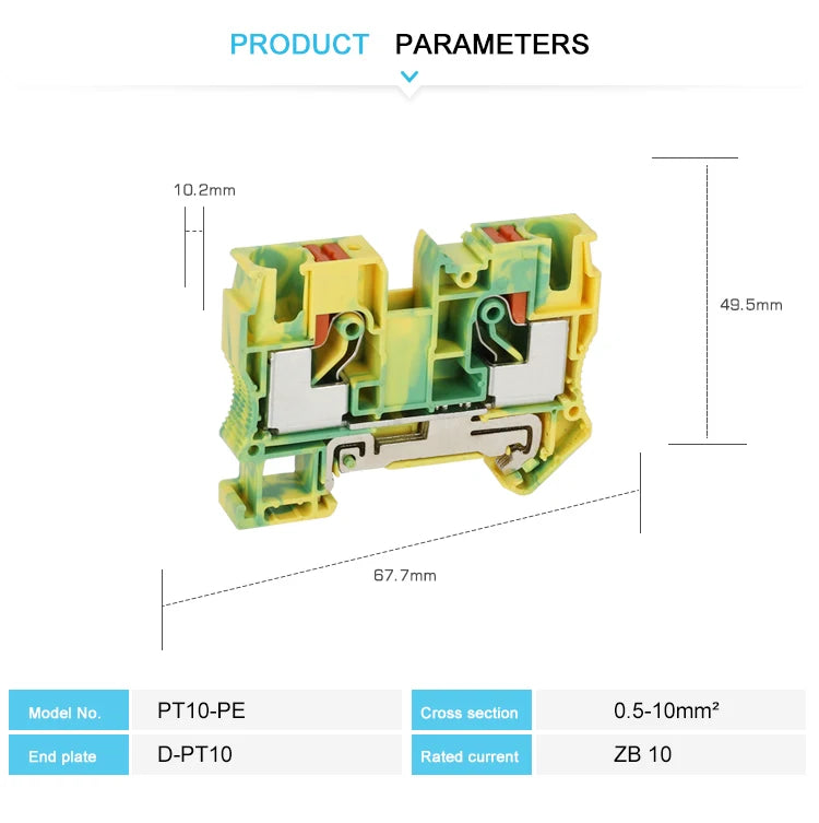 PT10-PE Push-in Ground Feed Through Din Rail Terminal Block 10mm² Protective Earth Plug Wire Electrical Connector PT 10-PE
