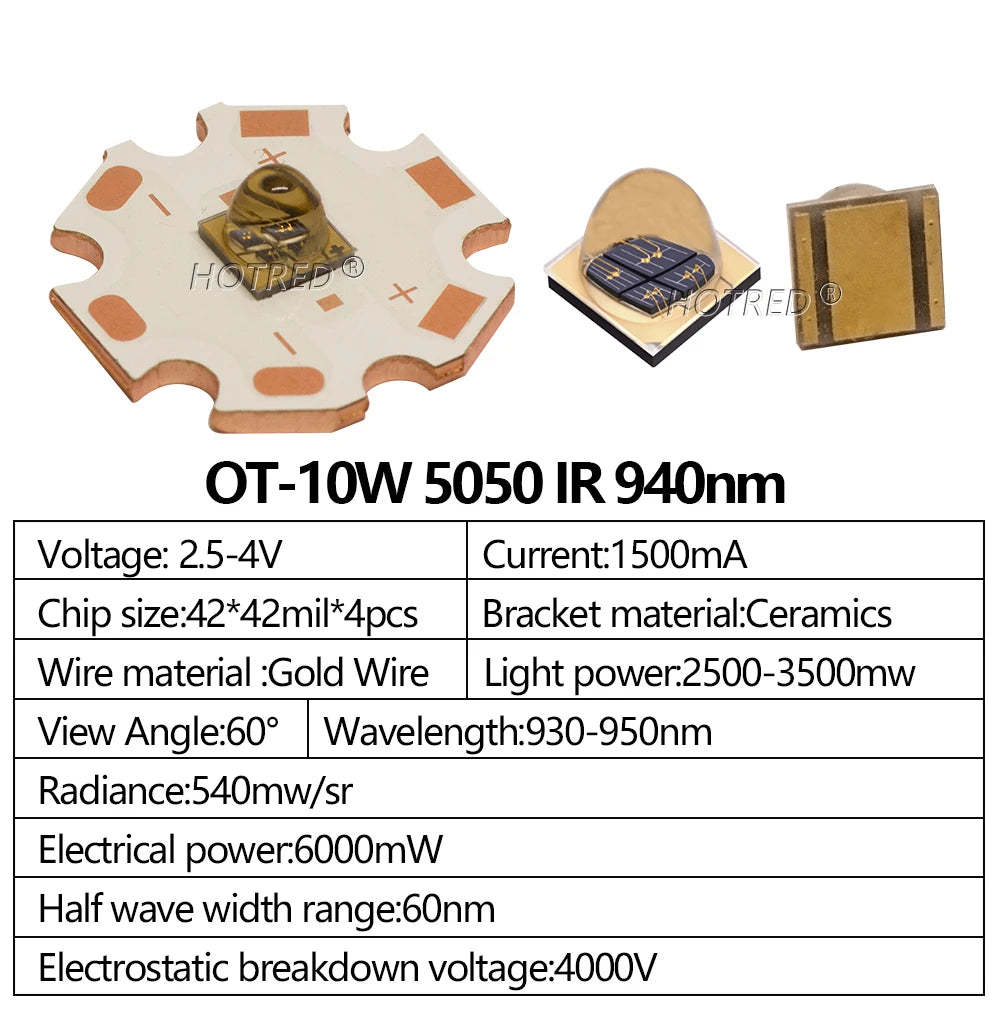LED 10W Infrared IR 940nm High Power 5050 XML Bead Chip Emitter 4Chips Ceramic Bracket DC2.5-4.0V 1500mA for Night Vision Camera