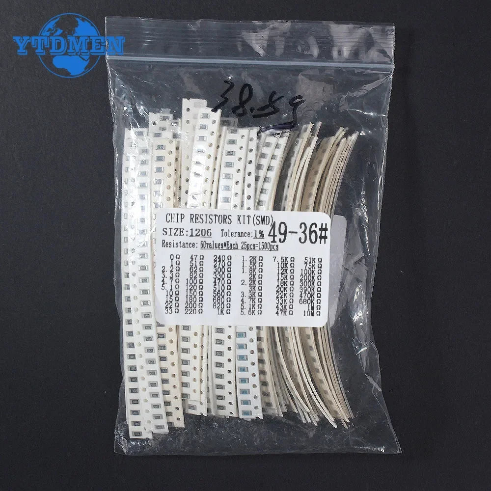1500pcs 0603 0805 1206 SMD Resistor Kit 0ohm-10M Ohm 1% 60valuesX 25pcs=1500pcs High Precision Film Chip Resistance Kits