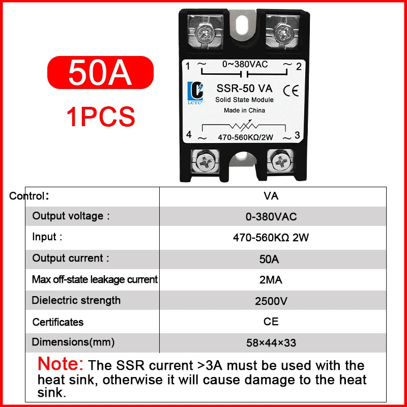 LCTC SSR Solid State Relay Voltage Regulator Adjustable 10A 25A 40A 50A 60A 80A 100A VA Single Phase 0-380VAC Potentiometer