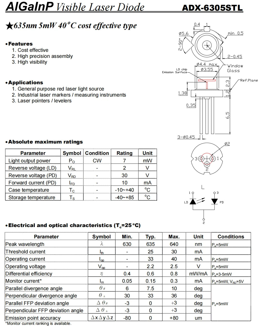 1piece 635nm 5mW RED Laser Diode TO56 N-Type RLD63NPC5 C6 638nm 640nm 10mW 15mW 30mW 50mW 120mW LD185mW GH0631IA2KC