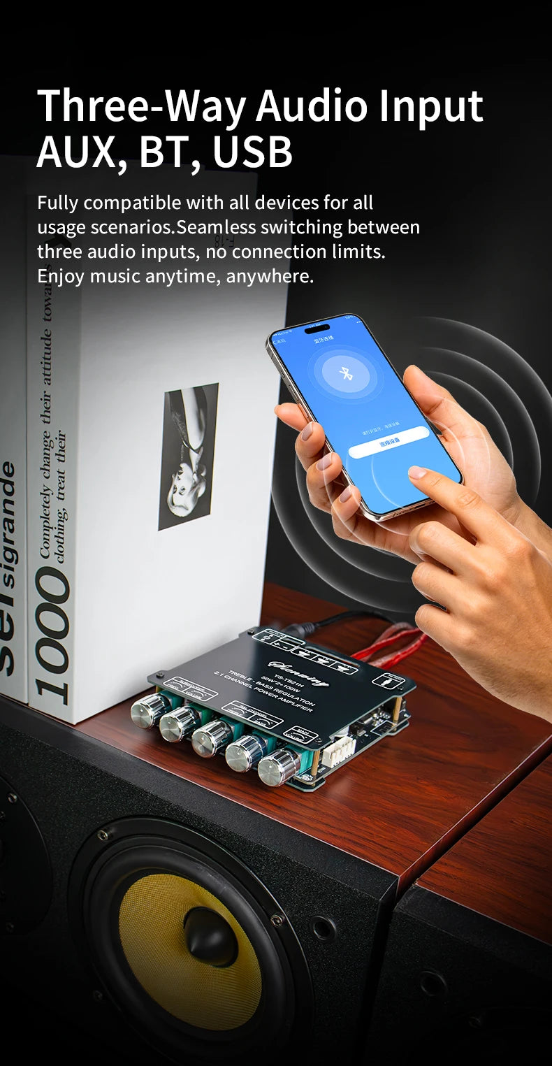 YS-TB21H TPA3116 Bluetooth 5.1 Audio Amplifier Board 2.1 Channel 50Wx2+100W Subwoofer APP Control HiFi Stereo Power Amp