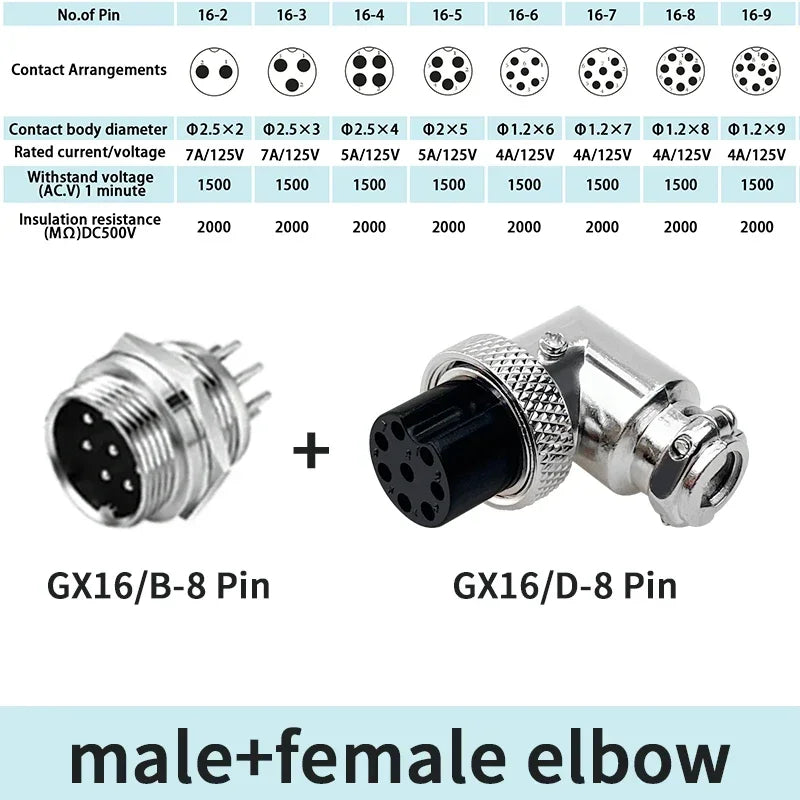 GX16 90 Degree Right Angle 16mm Aviation Connector Elbow M16-2 3 4 5 6 7 8 9 10 Pin  Female Plug Male Chassis Mount Socket
