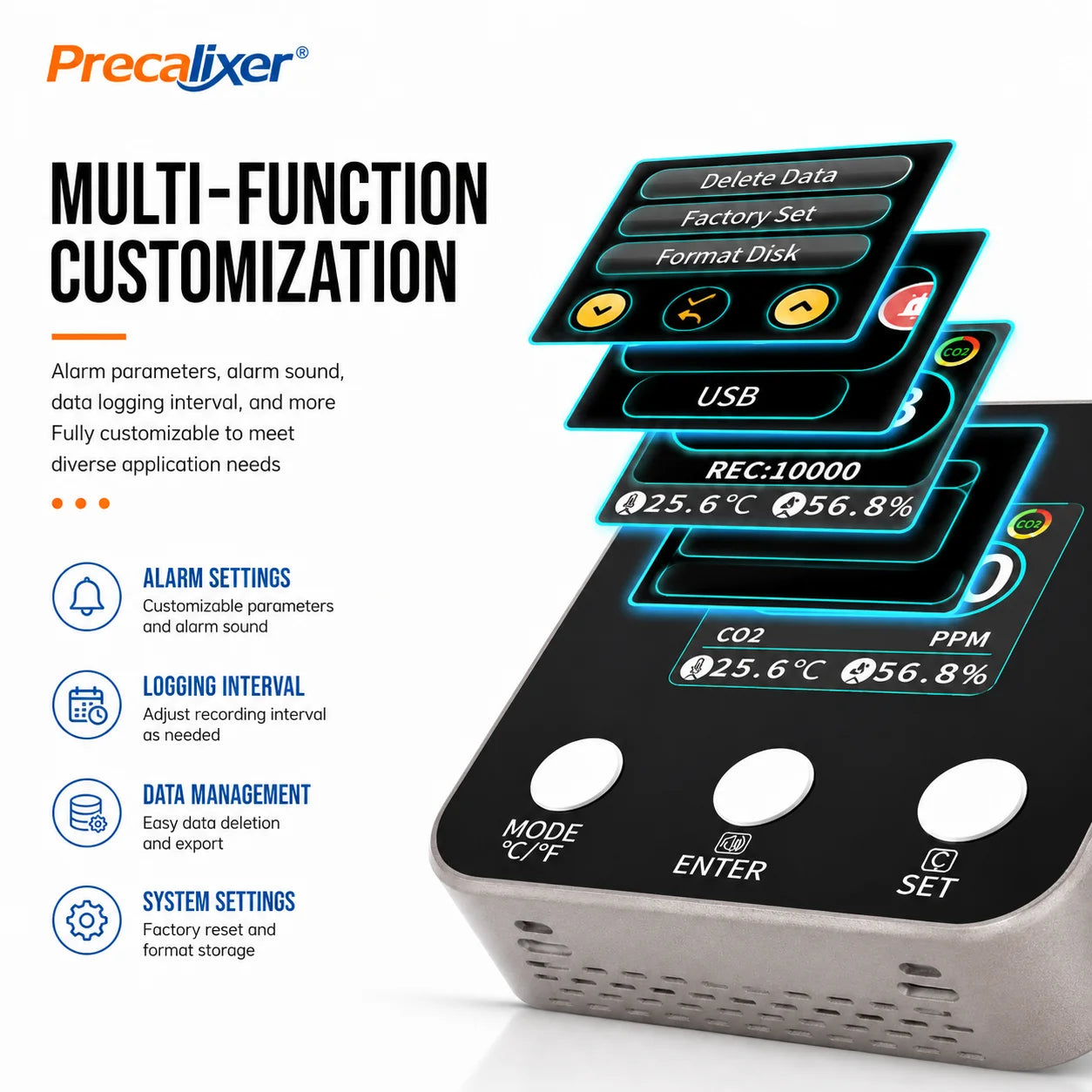 3 in 1 CO2 Monitor 10000ppm NDIR Sensor, Temperature Humidity Air Quality Meter with USB Data Logger Real-Time Display