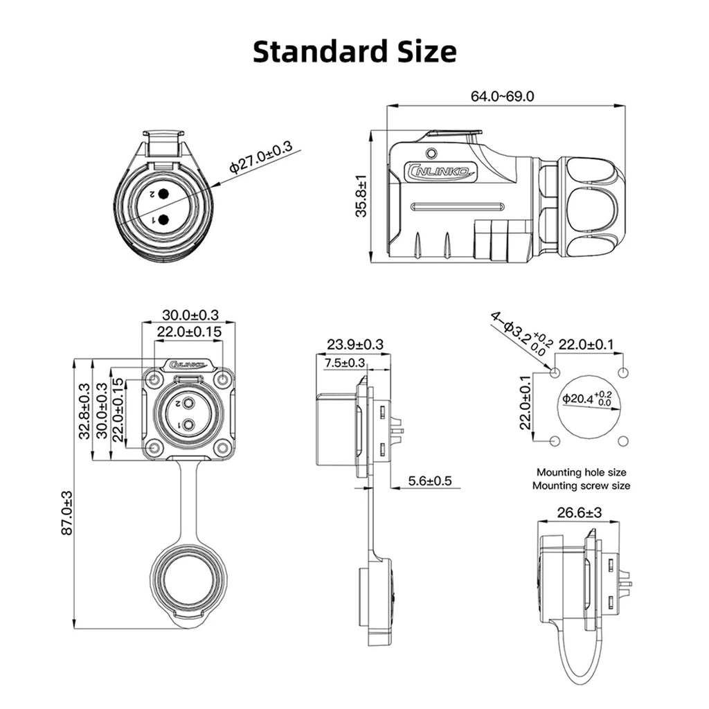 CNLINKO Industrial Waterproof IP68 2 Pin Automotive 20A AC DC Power Connector Outdoor Electrical Cable Connector LED Lighting