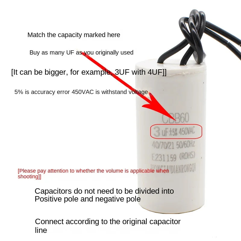 Motor Run Capacitors CBB60 450V AC Starting Capacitor 5% 3/4/5/6/8/10/12/14/15/16/18/20/25/30/40/45/50/60UF for Washing Machine