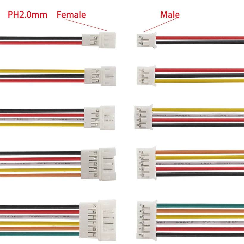 10pcs 20cm JST1.25 PH2.0 XH SM2.54 2P3P 4P 5P 6P Male Female Plug Butt-joint Aerial Docking Crimp Terminal Wire Cable Connector