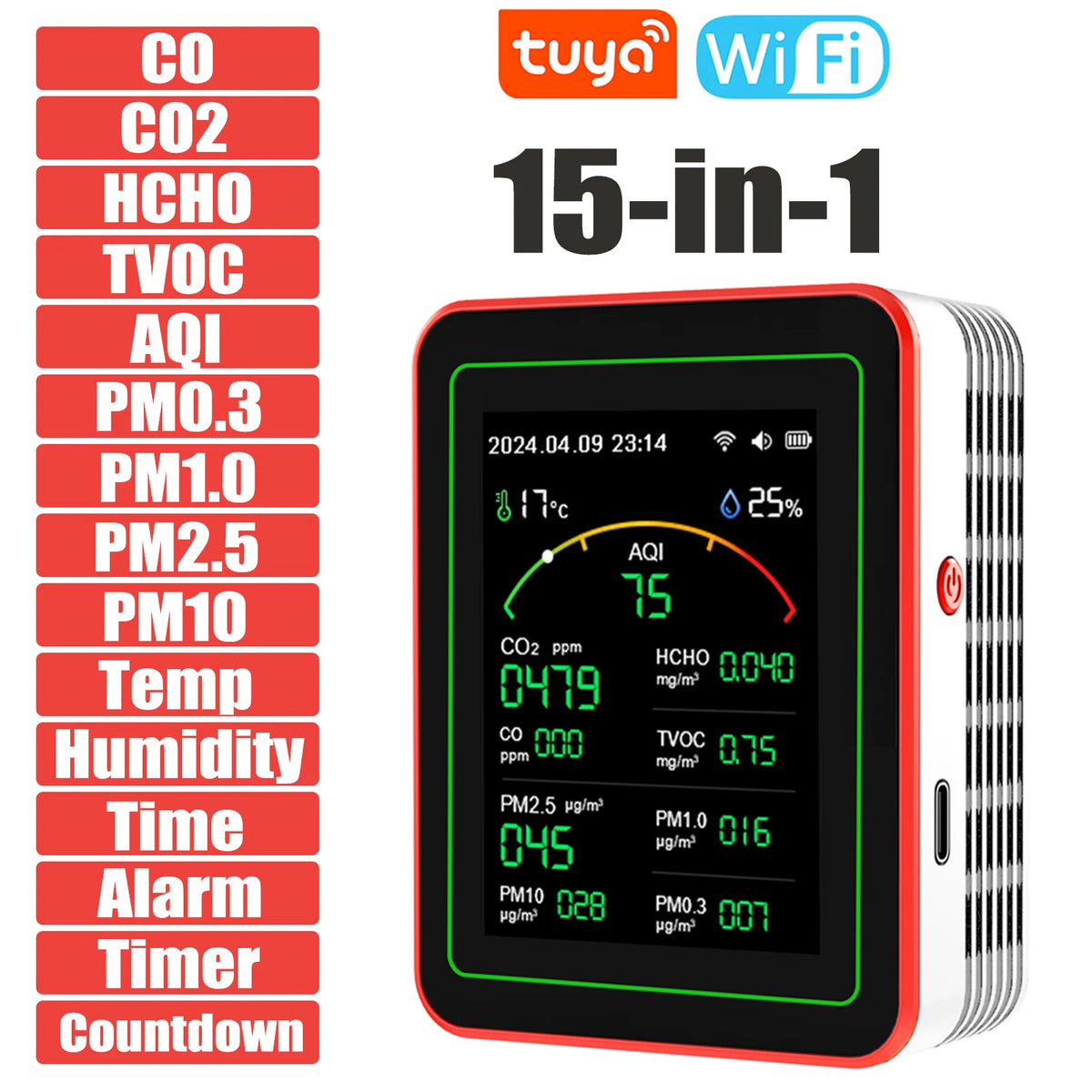 Home Air Quality Monitor Tuya WiFi 15 in 1 TFT Display Portable AQI PM0.3 PM1.0 PM2.5 PM10 CO CO2 TVOC HCHC Tester APP Co 이산화탄소