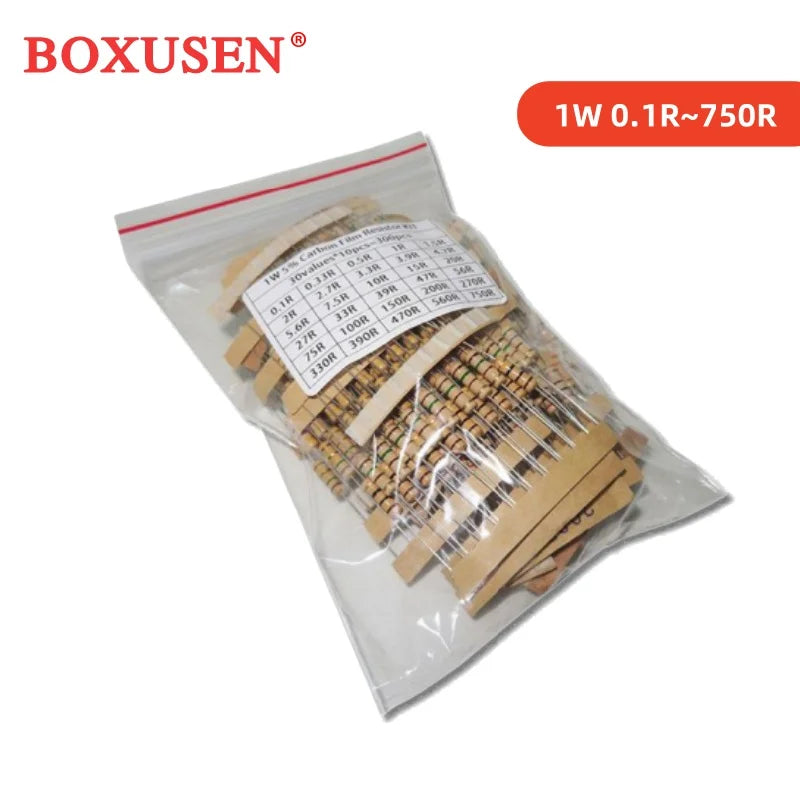 300PCS 150PCS 1W 2W 3W 5W 5% Resistor Kit 30values X 10PCS Carbon Film Resistance 0.1-750 ohm Set 1k-820K 30values X 5PCS
