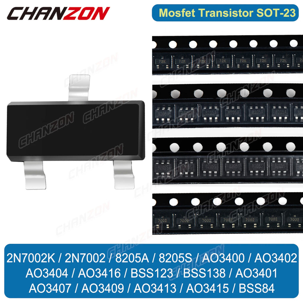Sot23 N P Channel Mosfet 2N7002 Bss138 8205A Ao3400 Ao3401 Bss84 Ao3407 Ao3416 Bss123 Ao3402 8205S 2N7002K Smd Mark Transistor