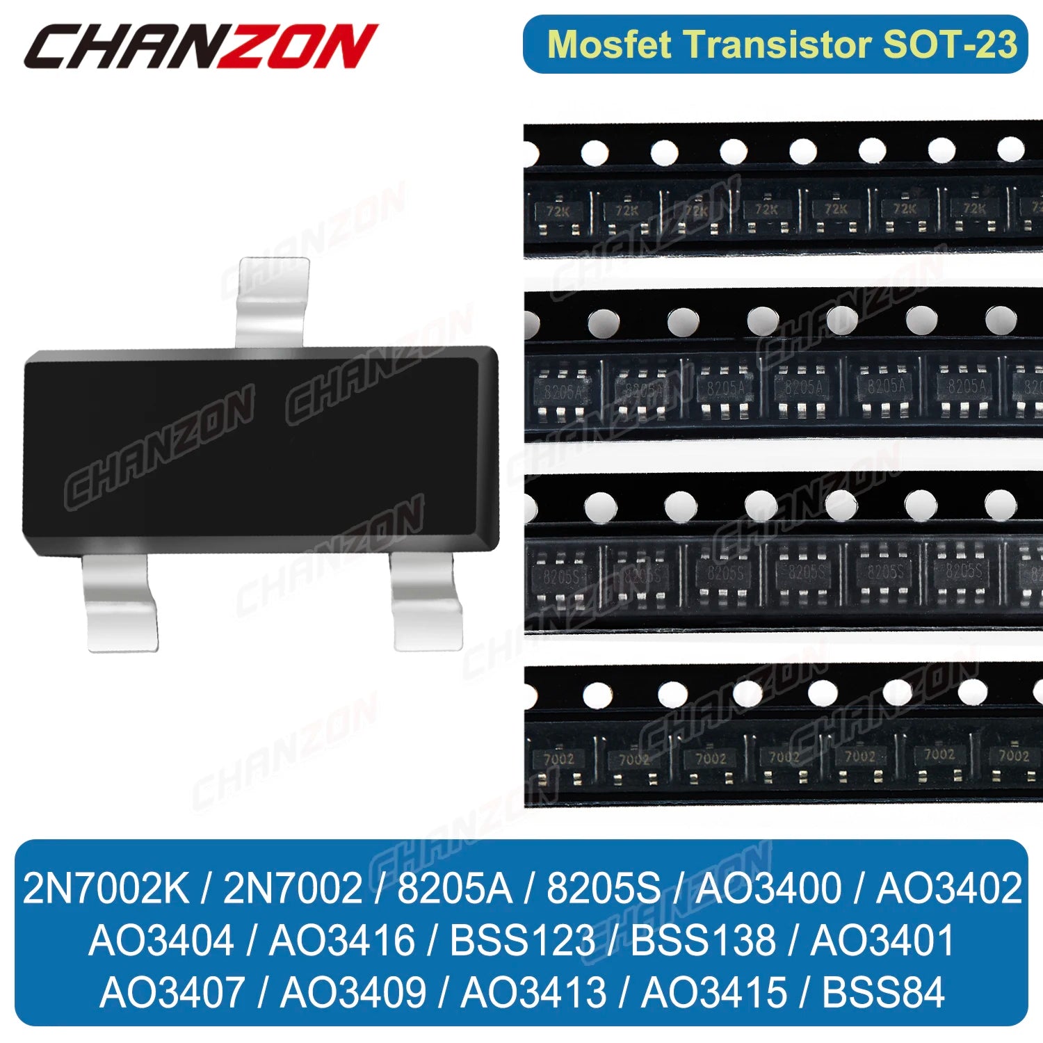 Sot23 N P Channel Mosfet 2N7002 Bss138 8205A Ao3400 Ao3401 Bss84 Ao3407 Ao3416 Bss123 Ao3402 8205S 2N7002K Smd Mark Transistor