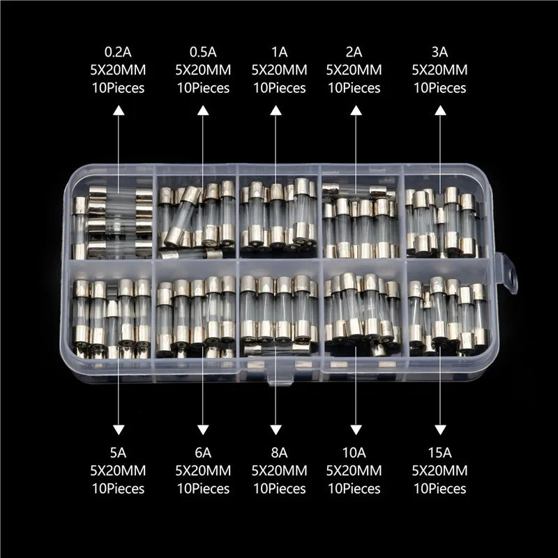 100pcs 5x20mm Fast Quick Blow Glass Tube Fuse Assortment Kit 0.25A 0.3A 0.5A 0.75A 1A 2A 3A 4A 5A 6A 8A 10 15 20A Glass Fuses