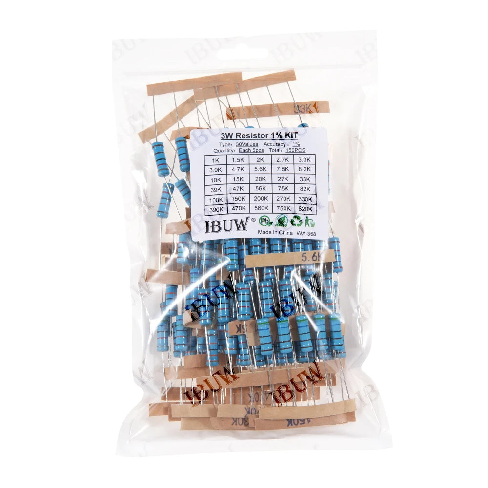 1/4W 1/2W 1W 2W 3W Resistance Set 1% Metal Film Resistor Assortment Kit 1K~820K 0.1R~750R 10K 6.8R 7.5R 47R 41R