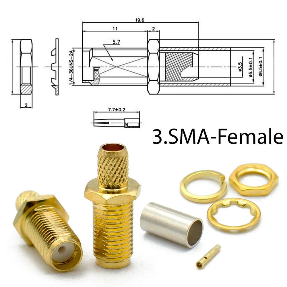 2/10pcs SMA RPSMA Male Plug / Female Jack Bulkhead Crimp RF Coaxial Connector For RG58 LMR195 RG142 RG400 Cable Wire Terminal