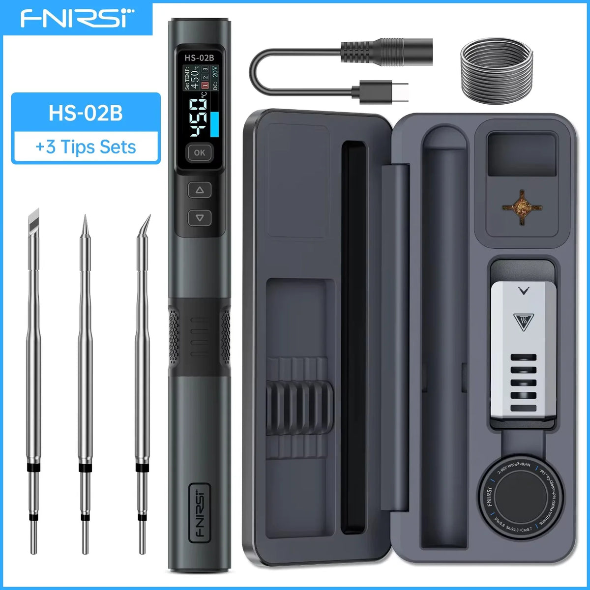 FNIRSI HS-02 Portable Intelligent Soldering Iron 100-450℃ Fast Heat Up 100W Type-C PD Fast Charging for Welding Repair Tools