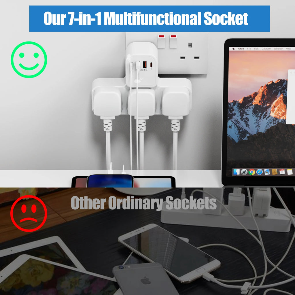 3250W Uk Ac Plug Power Strip Electrical Wall Mounted Outlet Multitap Network Filter with 2 Usb-A 2 Usb-C Charging Adapters