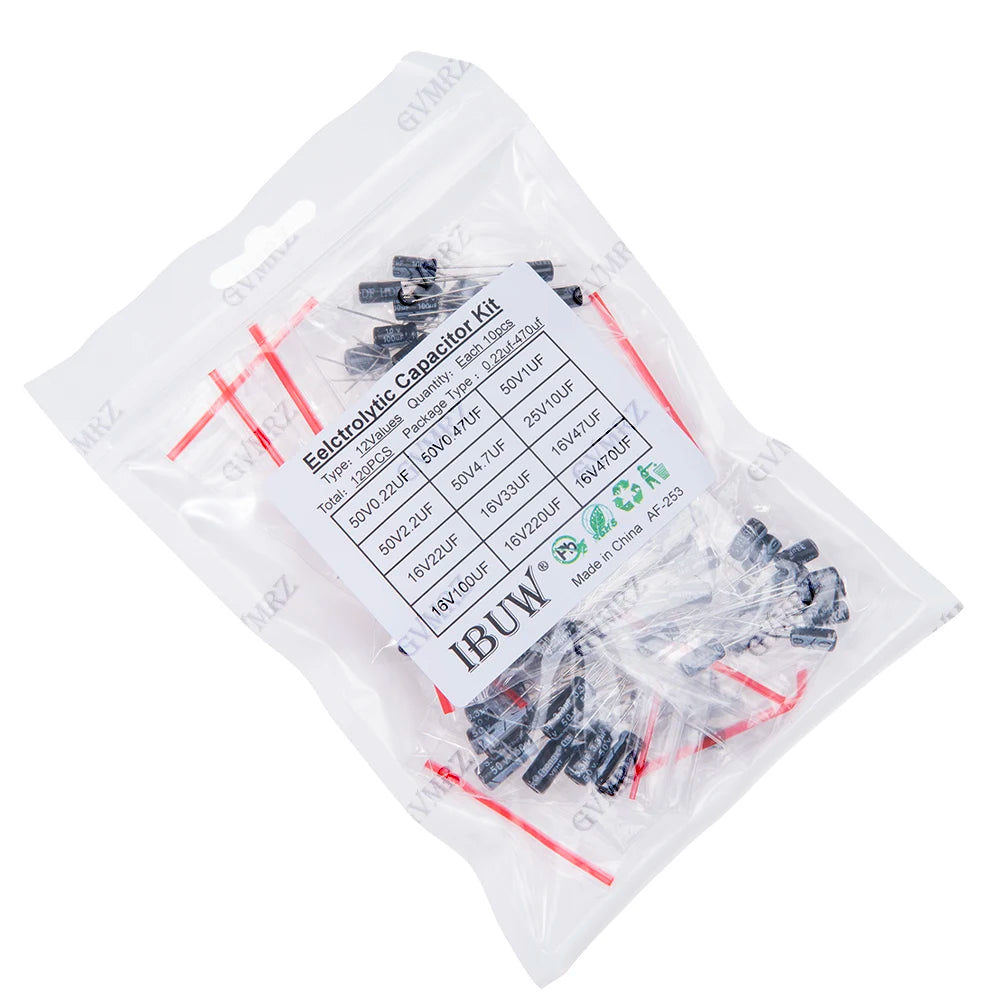 120PCS 12Values Electrolytic Capacitor Kit (0.22μF-470μF 16V-50V) for DIY Electronic Circuit Project 0.22uF 22uF 100uF 33uF 47uF