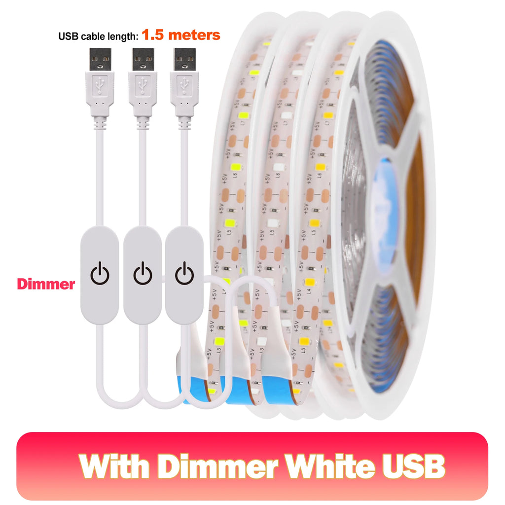 5V LED Strip Light USB Dimmer/Switch White Warm Blue Waterproof Adhesive Tape 2835 60LEDs Cabinet Room Night Lighting 1M 3M 5M