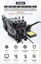 JCD 750W 8586D Soldering Station 2 IN 1 Hot Air Gun LCD Dual Digital Display Electric Soldering Iron SMD Welding Rework Station