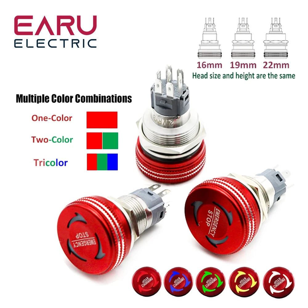 16/19/22MM Mushroom Metal Emergency Stop Push Button Switch Triple Dual Color RGB LED Light Rotary Power Switch 5V 12V 24V 220V