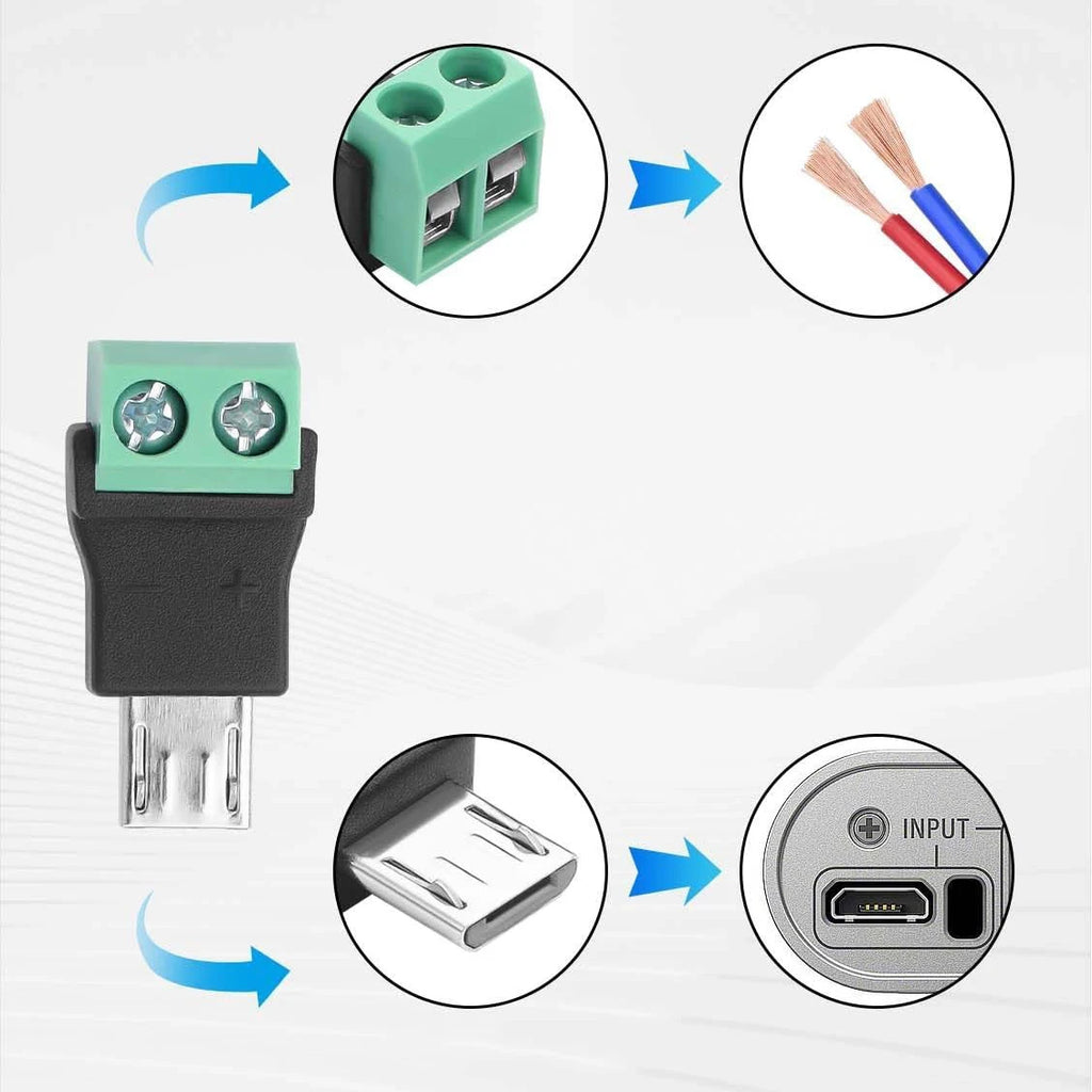 5PCS 2-Pin Screw Terminal to Micro USB Adapter Micro-usb Male Screw Terminal Block Connector Charge Pluggable Adapter Connector