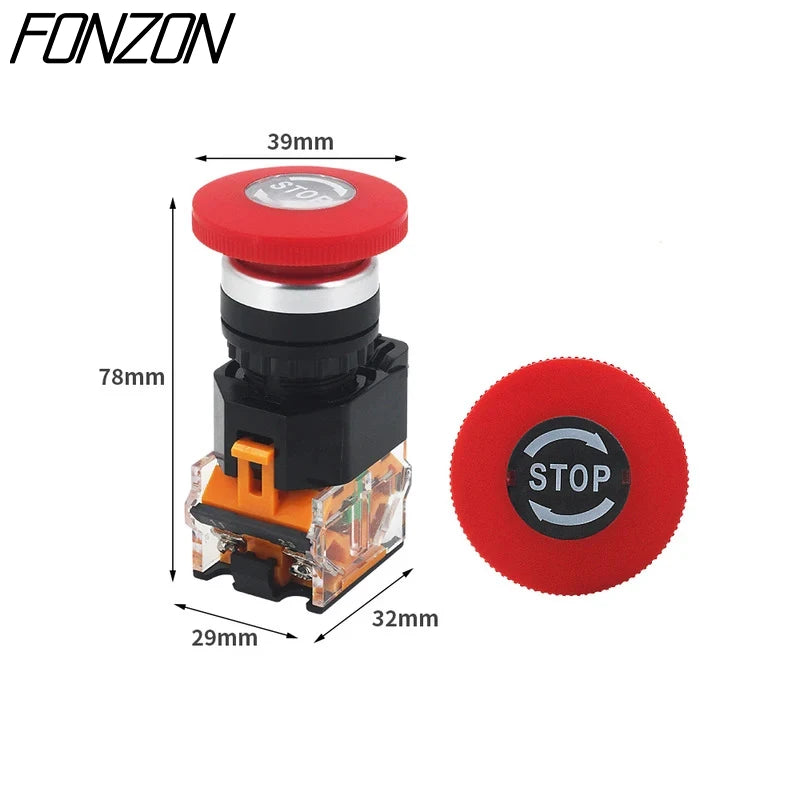 LA38-11ZS Self-Locking 22mm Emergency Power Button Switch Mushroom Head Emergency Stop Button 10A 1NO 1NC