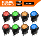FILN 8PCS 12V 24V 110V 220V Waterproof Rocker Switch 3 Pin LED Lighted ON-OFF Round SPST Toggle Switch for Car Boat Marine PA66