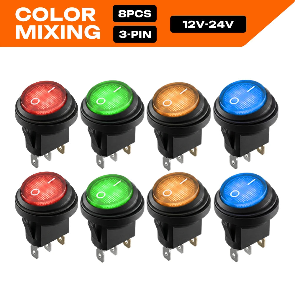 FILN 8PCS 12V 24V 110V 220V Waterproof Rocker Switch 3 Pin LED Lighted ON-OFF Round SPST Toggle Switch for Car Boat Marine PA66