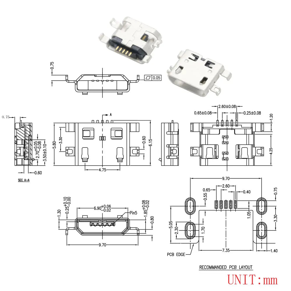 10PCS Micro USB 2P 5P Jack Charging Port Plug Dock Charger DIP SMD For Phone Tabletels Speakers Etc Port Socket Power Connector