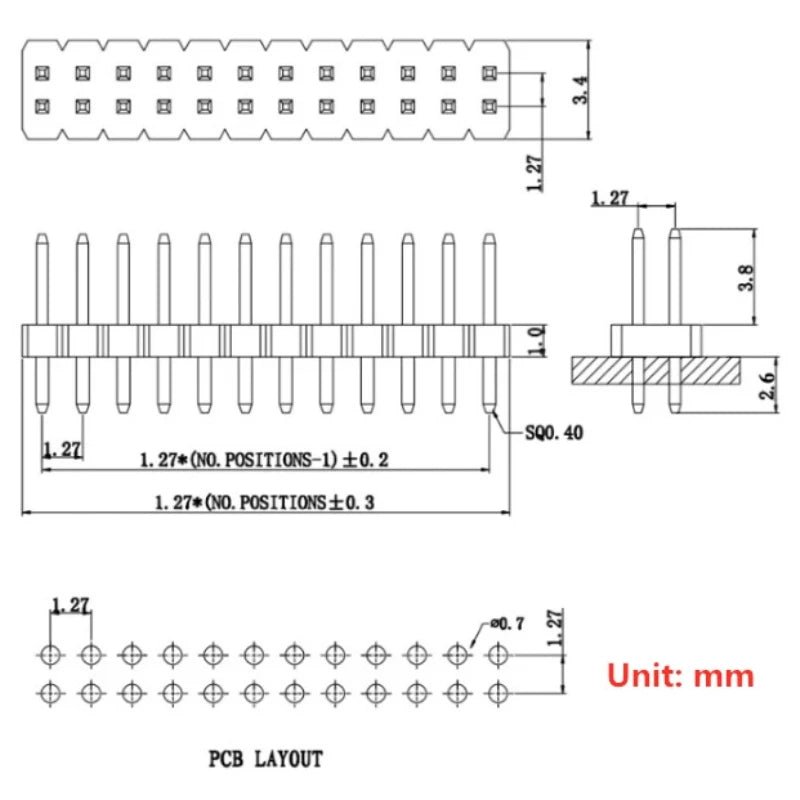 10Pcs 1.27mm Pitch 2x3-40P Male Pin Header Connector, Double Row Through Hole PCB Breakaway Header Strip