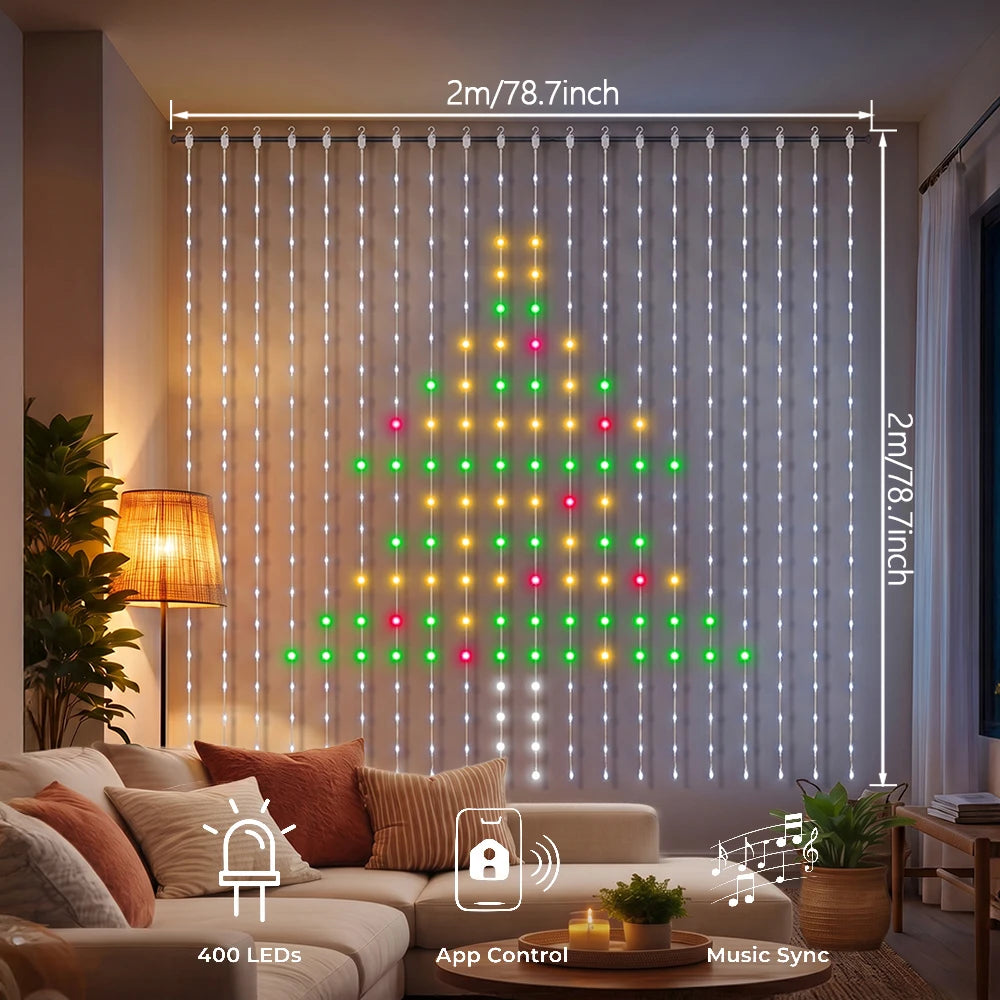 Smart LED Curtain Lights RGB Color Changing String Fairy Lights Curtain APP Control DIY Pattern Music Sync for Bedroom Wall Backdrop Indoor Outdoor Christmas Decorations